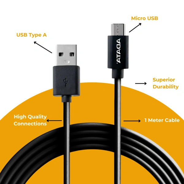 ADATA 2.4 Amp Fast Charge & Sync 1m Fast Micro USB Data Cable for Smartphones, Tablets & Other Micro USB Devices, Silicone Tangle-Free, High-Durability Charging Cord, ADM-M200B, Black