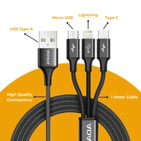 DIGITEK High-Speed 3-in-1 USB Cable – 2.4 Amp Charging, Lightning, Type-C & Micro USB Connectors, Universal Compatibility for Smartphones, Tablets & Other Devices, ADM3-500, Black