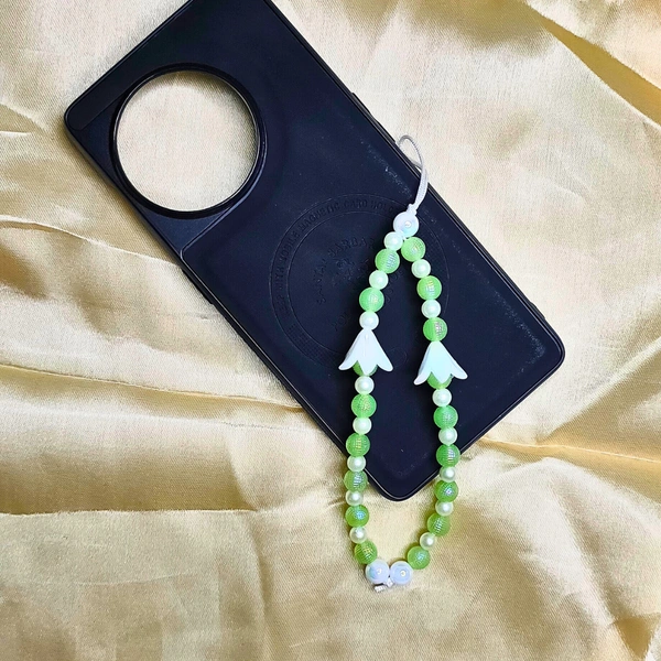 Green and White Premium Quality Beaded Phone Charm, 2 Flower Charms, Stylish Accessory, Lightweight, Durable