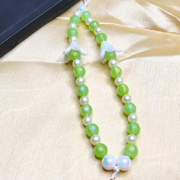 Green and White Premium Quality Beaded Phone Charm, 2 Flower Charms, Stylish Accessory, Lightweight, Durable
