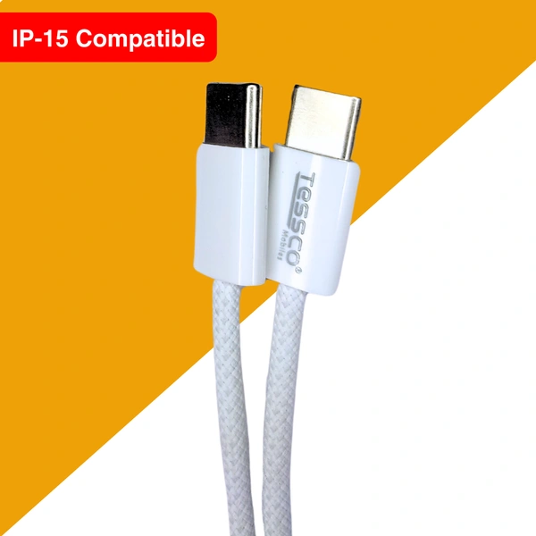 TESSCO 60W PD Fast Charging 1m Type-C to Type-C Data Cable for Smartphones, Tablets & Other Type-C Devices, IP 15 Compatible, Strong & Durable, GU-373, White