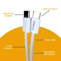 TESSCO 60W PD Fast Charging 1m Type-C to Type-C Data Cable for Smartphones, Tablets & Other Type-C Devices, IP 15 Compatible, Strong & Durable, GU-373, White