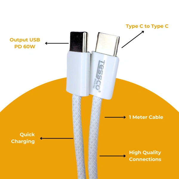 TESSCO 60W PD Fast Charging 1m Type-C to Type-C Data Cable for Smartphones, Tablets & Other Type-C Devices, IP 15 Compatible, Strong & Durable, GU-373, White