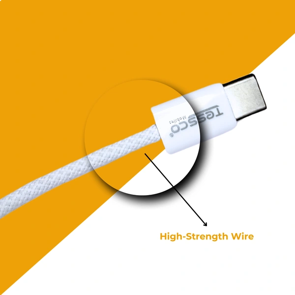 TESSCO 60W PD Fast Charging 1m Type-C to Type-C Data Cable for Smartphones, Tablets & Other Type-C Devices, IP 15 Compatible, Strong & Durable, GU-373, White
