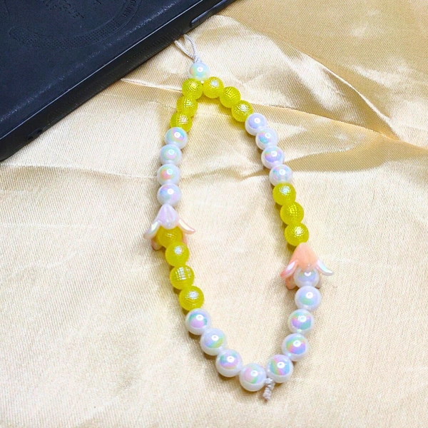 Yellow and White Premium Quality Beaded Phone Charm, 2 Flower Charms, Stylish Accessory, Lightweight, Durable