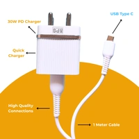 KPS 30W PD Type-C Travel Charger with Quick Charge 3.0,  Dual USB Ports - USB-C & Type C, Fast Charging, Overcharge & Overheating Protection, Compatible with USB-C and PD-Enabled Smartphones and Devices, KP-C202, White