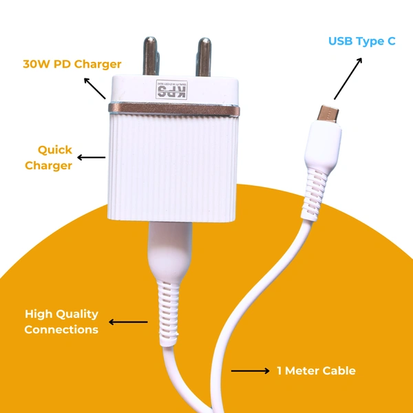 KPS 30W PD Type-C Travel Charger with Quick Charge 3.0,  Dual USB Ports - USB-C & Type C, Fast Charging, Overcharge & Overheating Protection, Compatible with USB-C and PD-Enabled Smartphones and Devices, KP-C202, White