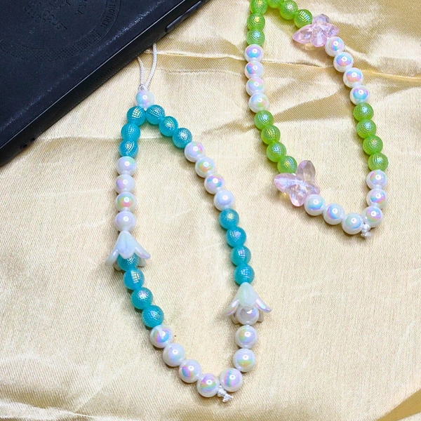 Combo Pack - Green and White Beaded Phone Charm with Butterfly Charm & Blue and White Beaded Phone Charm with Flower Charm, Stylish Accessory, Lightweight, Durable