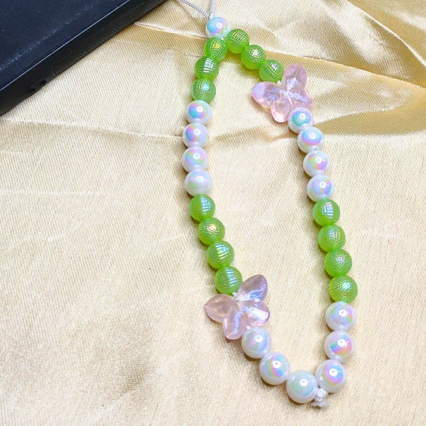 Combo Pack - Green and White Beaded Phone Charm with Butterfly Charm & Blue and White Beaded Phone Charm with Flower Charm, Stylish Accessory, Lightweight, Durable