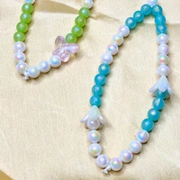 Combo Pack - Green and White Beaded Phone Charm with Butterfly Charm & Blue and White Beaded Phone Charm with Flower Charm, Stylish Accessory, Lightweight, Durable