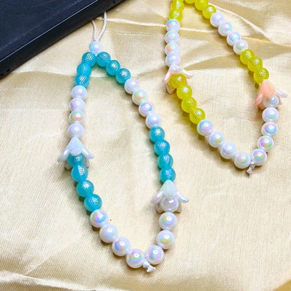 Combo Pack - Blue and White Beaded Phone Charm with Flower Charm & Yellow and White Beaded Phone Charm with Flower Charm, Stylish Accessory, Lightweight, Durable
