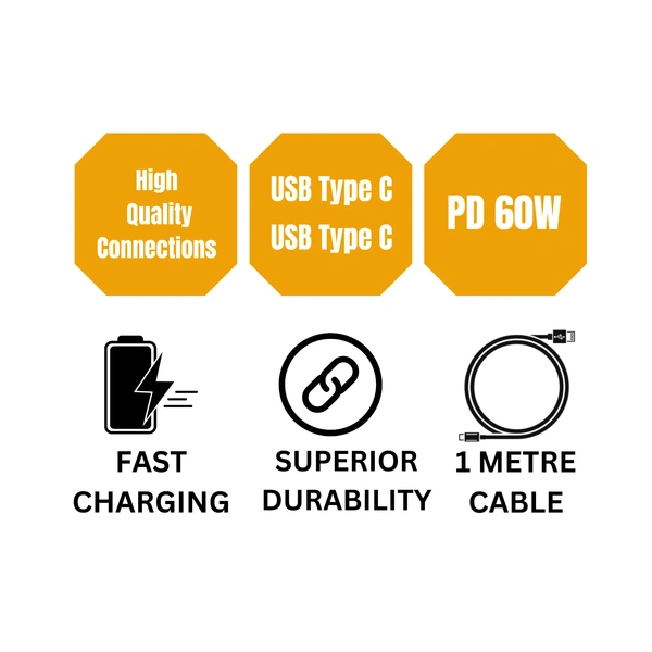 TESSCO 60W PD Fast Charging 1m Type-C to Type-C Data Cable for Smartphones, Tablets & Other Type-C Devices, IP 15 Compatible, Strong & Durable, GU-373, White