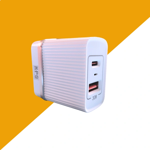KPS 30W PD Type-C Travel Charger with Quick Charge 3.0,  Dual USB Ports - USB-C & Type C, Fast Charging, Overcharge & Overheating Protection, Compatible with USB-C and PD-Enabled Smartphones and Devices, KP-C202, White