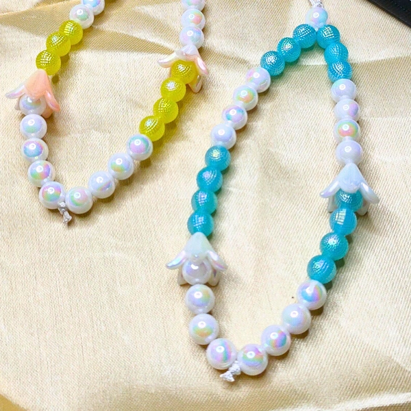 Combo Pack - Blue and White Beaded Phone Charm with Flower Charm & Yellow and White Beaded Phone Charm with Flower Charm, Stylish Accessory, Lightweight, Durable