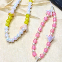 Combo Pack - Pink and White Beaded Phone Charm with Flower Charm & Yellow and White Beaded Phone Charm with Flower Charm, Stylish Accessory, Lightweight, Durable