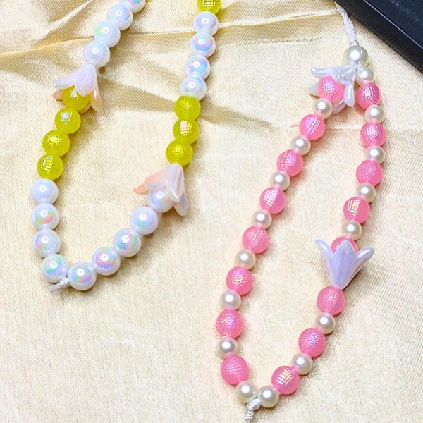 Combo Pack - Pink and White Beaded Phone Charm with Flower Charm & Yellow and White Beaded Phone Charm with Flower Charm, Stylish Accessory, Lightweight, Durable