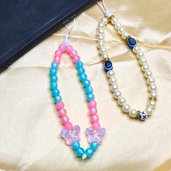 Combo Pack - Off-White and Golden Beaded Phone Charm with Evil Eye Charm & Pink and Blue Beaded Phone Charm with Butterfly Charm, Stylish Accessory, Lightweight, Durable