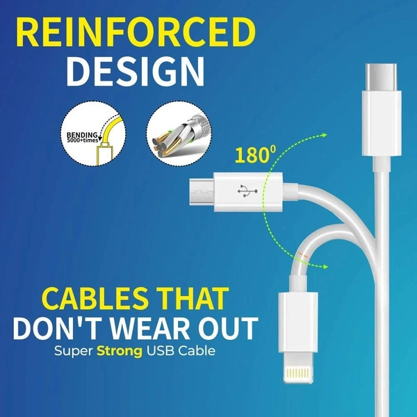 DIGITEK High-Speed 3-in-1 USB Cable – 3A Fast Charging, Lightning, Type-C & Micro USB Connectors, Universal Compatibility for Smartphones, Tablets & Other Devices, DC 1M-3-1, White