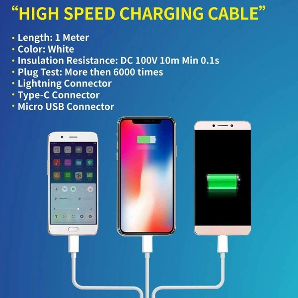 DIGITEK High-Speed 3-in-1 USB Cable – 3A Fast Charging, Lightning, Type-C & Micro USB Connectors, Universal Compatibility for Smartphones, Tablets & Other Devices, DC 1M-3-1, White