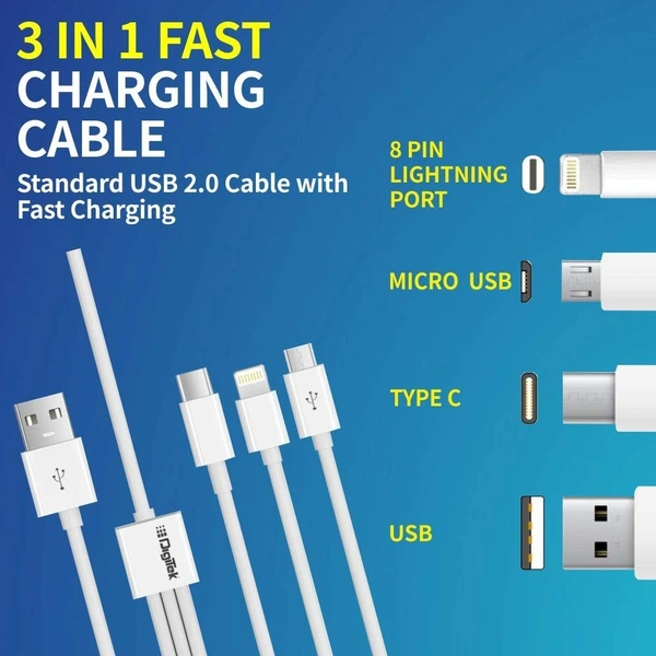DIGITEK High-Speed 3-in-1 USB Cable – 3A Fast Charging, Lightning, Type-C & Micro USB Connectors, Universal Compatibility for Smartphones, Tablets & Other Devices, DC 1M-3-1, White