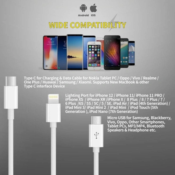 DIGITEK High-Speed 3-in-1 USB Cable – 3A Fast Charging, Lightning, Type-C & Micro USB Connectors, Universal Compatibility for Smartphones, Tablets & Other Devices, DC 1M-3-1, White
