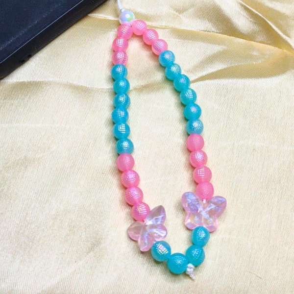Combo Pack - Off-White and Golden Beaded Phone Charm with Evil Eye Charm & Pink and Blue Beaded Phone Charm with Butterfly Charm, Stylish Accessory, Lightweight, Durable