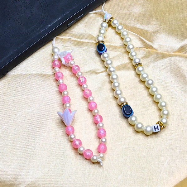 Combo Pack - Off-White and Golden Beaded Phone Charm with Evil Eye Charm & Pink and White Beaded Phone Charm with Flower Charm, Stylish Accessory, Lightweight, Durable