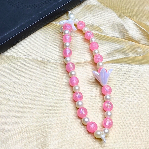 Combo Pack - Off-White and Golden Beaded Phone Charm with Evil Eye Charm & Pink and White Beaded Phone Charm with Flower Charm, Stylish Accessory, Lightweight, Durable