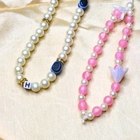 Combo Pack - Off-White and Golden Beaded Phone Charm with Evil Eye Charm & Pink and White Beaded Phone Charm with Flower Charm, Stylish Accessory, Lightweight, Durable