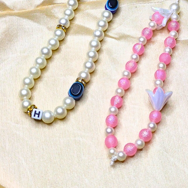 Combo Pack - Off-White and Golden Beaded Phone Charm with Evil Eye Charm & Pink and White Beaded Phone Charm with Flower Charm, Stylish Accessory, Lightweight, Durable