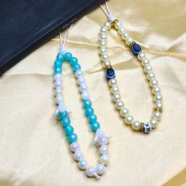 Combo Pack - Off-White and Golden Beaded Phone Charm with Evil Eye Charm & Blue and White Beaded Phone Charm with Flower Charm, Stylish Accessory, Lightweight, Durable