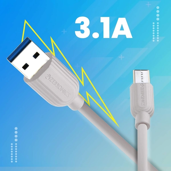 ZEBRONICS 3.1 Amp Fast Charging Type C Data Cable For Smartphones, Tablets & Other Type C Devices, Strong & Durable, ZEB-TU300C, White
