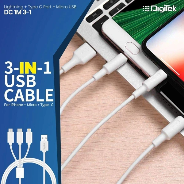 DIGITEK High-Speed 3-in-1 USB Cable – 3A Fast Charging, Lightning, Type-C & Micro USB Connectors, Universal Compatibility for Smartphones, Tablets & Other Devices, DC 1M-3-1, White