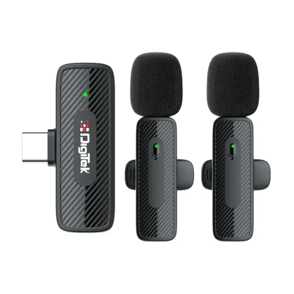 DIGITEK® DWM-008 PRO Wireless Microphone & Receiver | 2x Mic System, 20m Range, 2.4GHz Frequency, 4-Hour Battery, Type-C Connector for Android