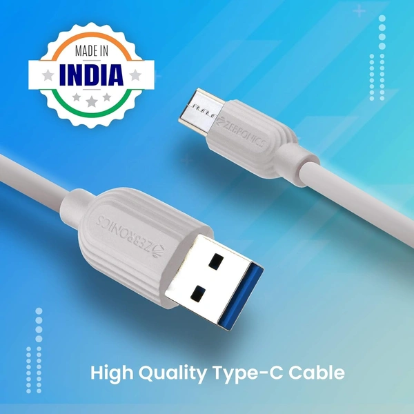 ZEBRONICS 3.1 Amp Fast Charging Type C Data Cable For Smartphones, Tablets & Other Type C Devices, Strong & Durable, ZEB-TU300C, White