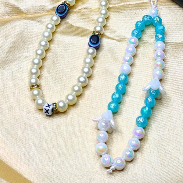 Combo Pack - Off-White and Golden Beaded Phone Charm with Evil Eye Charm & Blue and White Beaded Phone Charm with Flower Charm, Stylish Accessory, Lightweight, Durable
