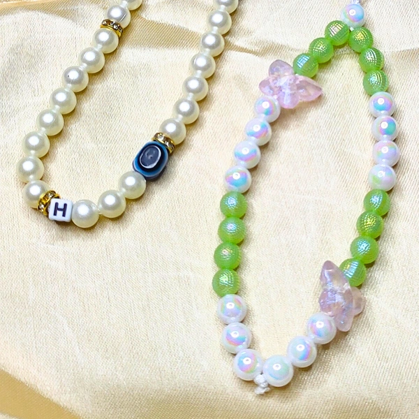 Combo Pack - Off-White and Golden Beaded Phone Charm with Evil Eye Charm & Green and White Beaded Phone Charm with Butterfly Charm, Stylish Accessory, Lightweight, Durable