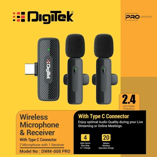 DIGITEK® DWM-008 PRO Wireless Microphone & Receiver | 2x Mic System, 20m Range, 2.4GHz Frequency, 4-Hour Battery, Type-C Connector for Android