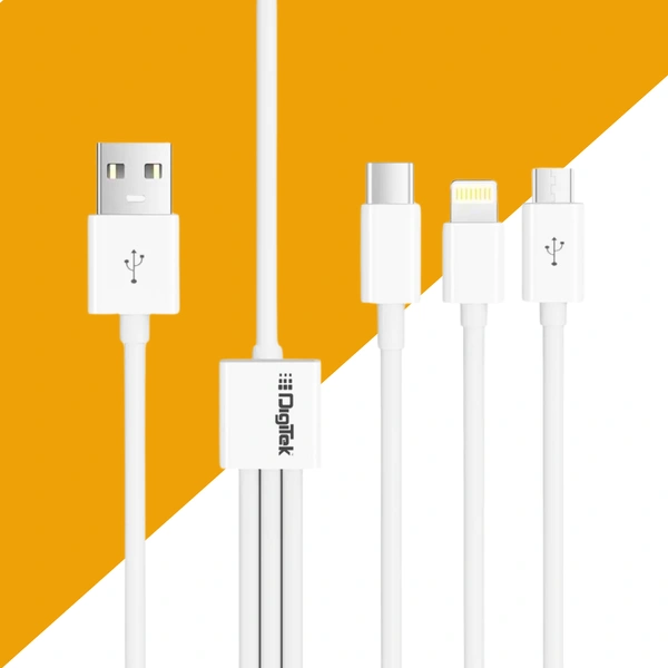 DIGITEK High-Speed 3-in-1 USB Cable – 3A Fast Charging, Lightning, Type-C & Micro USB Connectors, Universal Compatibility for Smartphones, Tablets & Other Devices, DC 1M-3-1, White