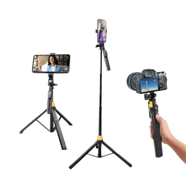 DIGITEK DTR-555 SS Foldable Tripod Selfie Stick for Smartphones & Action Cameras | 5.57ft Extendable Height | 360° Rotating Ball Head | Tripod with 3-Leg Base | 10m Wireless Remote | 7 Adjustable Sections | Compatible with Android, iPhone & GoPro