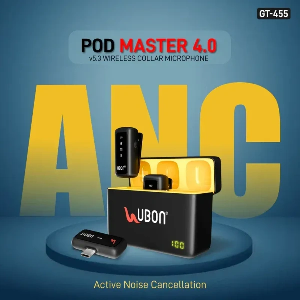 UBON GT-455 Podcast Series Wireless Collar Microphone – 30 Hours Playtime, 360° Audio Pickup, Intelligent Noise Reduction, Type C Connector