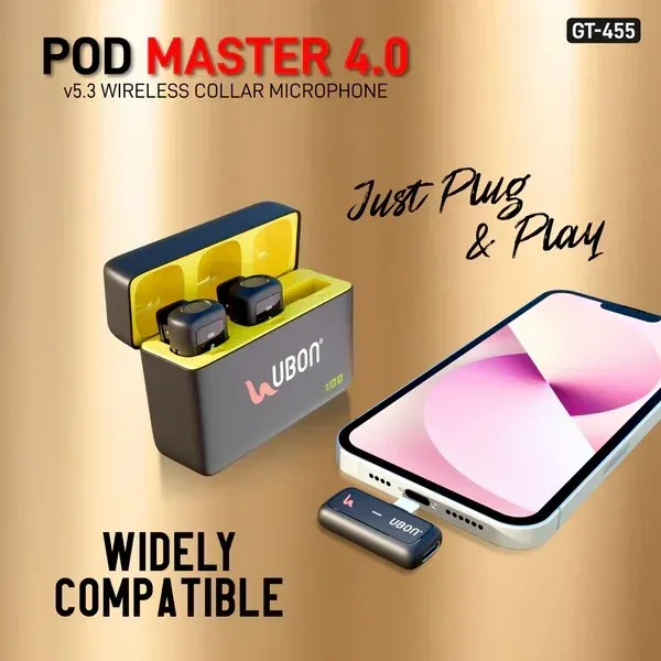 UBON GT-455 Podcast Series Wireless Collar Microphone – 30 Hours Playtime, 360° Audio Pickup, Intelligent Noise Reduction, Type C Connector