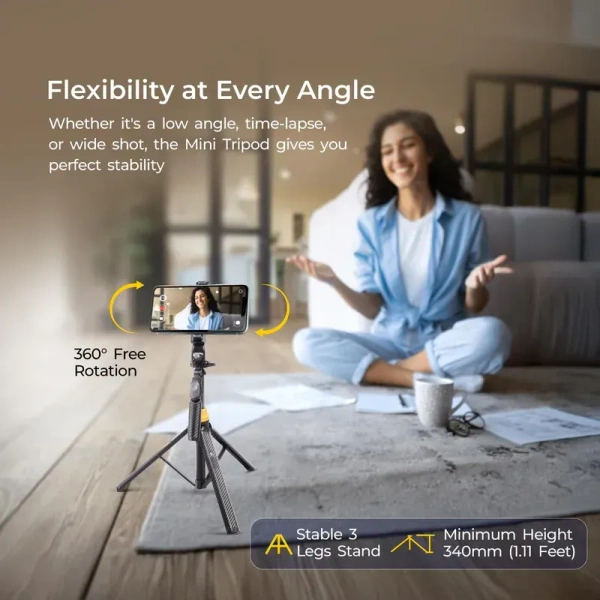 DIGITEK DTR-555 SS Foldable Tripod Selfie Stick for Smartphones & Action Cameras | 5.57ft Extendable Height | 360° Rotating Ball Head | Tripod with 3-Leg Base | 10m Wireless Remote | 7 Adjustable Sections | Compatible with Android, iPhone & GoPro