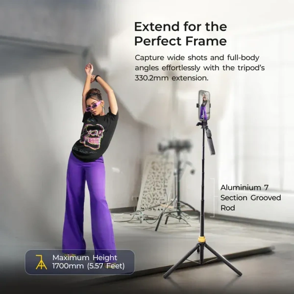 DIGITEK DTR-555 SS Foldable Tripod Selfie Stick for Smartphones & Action Cameras | 5.57ft Extendable Height | 360° Rotating Ball Head | Tripod with 3-Leg Base | 10m Wireless Remote | 7 Adjustable Sections | Compatible with Android, iPhone & GoPro
