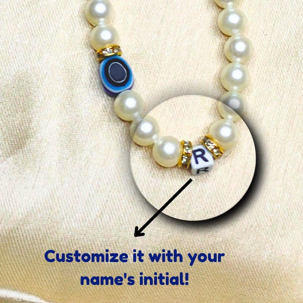 Customized Evil Eye Beaded Phone Charm, Off-White and Golden Beads, 3 Evil Eye Charms, Unique Accessory, Lightweight, Durable