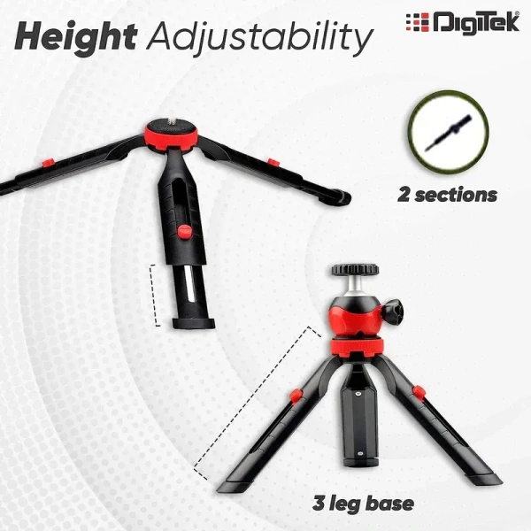 DIGITEK® DTR-200MT Flexible & Portable Mini Tripod with Smartphone Holder, 360° Ball Head, 1kg Load Capacity, Non-Skid Rubber Feet, Compatible with Smartphones, GoPro, Compact Cameras