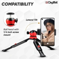 DIGITEK® DTR-200MT Flexible & Portable Mini Tripod with Smartphone Holder, 360° Ball Head, 1kg Load Capacity, Non-Skid Rubber Feet, Compatible with Smartphones, GoPro, Compact Cameras