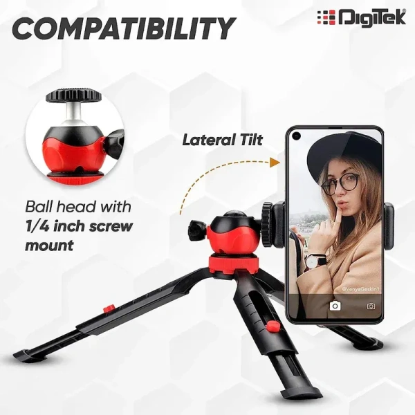 DIGITEK® DTR-200MT Flexible & Portable Mini Tripod with Smartphone Holder, 360° Ball Head, 1kg Load Capacity, Non-Skid Rubber Feet, Compatible with Smartphones, GoPro, Compact Cameras