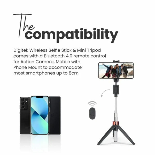 DIGITEK® DTR-210SS Portable Selfie Stick & Tripod with Wireless Remote | 68cm Extendable | 3-Leg Stable Base | 360° Rotation | Rubberized Feet | 1 Kg Load Capacity | Compatible with Smartphones, GoPro & Compact Cameras