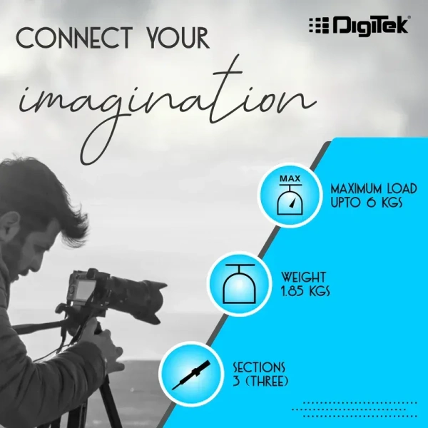 DIGITEK DTR590 VD PRO Tripod for DSLR & Video Cameras, 5.90 Feet Height, 6 Kg Load Capacity, 2-Way Adjustable Head